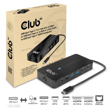Club3D hub USB-C, 7-in-1 hub s 2x HDMI, 2x USB Gen1 Type-A, 1x RJ45, 1x 3.5mm audio, 1x USB Gen1 Type-C, 100W PD Club3D hub USB-C, 7-in-1 hub s 2x HDMI, 2x USB Gen1 Type-A, 1x RJ45, 1x 3.5mm audio, 1x USB Gen1 Type-C, 100W PD