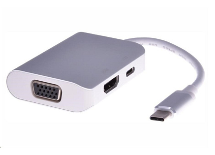 PREMIUMCORD Převodník USB3.1 typ C na HDMI + VGA + PD charge, Aluminium pouzdro