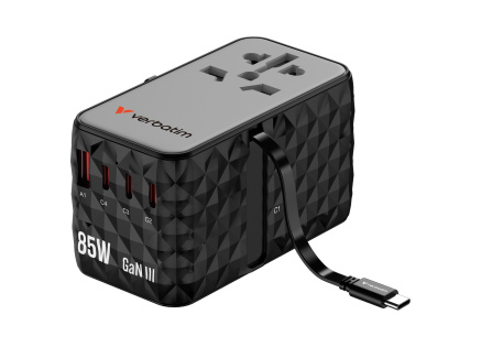 VERBATIM GaN Nabíječka do sítě s vestavěným USB-C kabelem Charge 'n' Travel, 85W, 4xUSB-C, 1xUSB