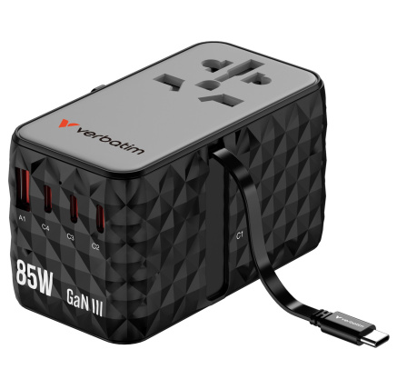 VERBATIM GaN Nabíječka do sítě s vestavěným USB-C kabelem Charge 'n' Travel, 85W, 4xUSB-C, 1xUSB VERBATIM GaN Nabíječka do sítě s vestavěným USB-C kabelem Charge 'n' Travel, 85W, 4xUSB-C, 1xUSB