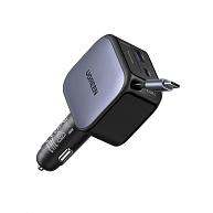UGREEN rychlonabíječka do auta se zatahovacím kabelem 60W 3-Port, 2x USB-C,1x USB-A, GaN, stříbrná