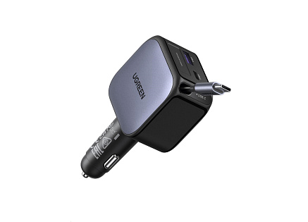 UGREEN rychlonabíječka do auta se zatahovacím kabelem 60W 3-Port, 2x USB-C,1x USB-A, GaN, stříbrná UGREEN rychlonabíječka do auta se zatahovacím kabelem 60W 3-Port, 2x USB-C,1x USB-A, GaN, stříbrná