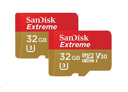 SanDisk MicroSDHC karta 32GB Extreme (100MB/s, A1 C10 V30 UHS-I U3, pro akční kamery) + adaptér, Twin Pack