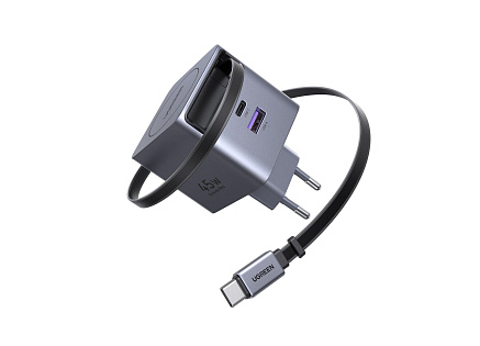 UGREEN síťová rychlonabíječka se zatahovacím kabelem 45W 3-Port, 2x USB-C, 1x USB-A, GaN, stříbrná