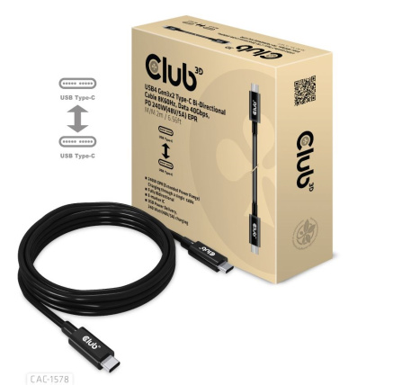 Club3D Kabel USB4 Gen3x2 Type-C Oboustranný kabel 8K60Hz, Data 40 Gbps, PD 240W(48V/5A) EPR M/M 2m Club3D Kabel USB4 Gen3x2 Type-C Oboustranný kabel 8K60Hz, Data 40 Gbps, PD 240W(48V/5A) EPR M/M 2m