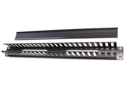 19" vyvazovací panel 1U, kovový s plastovým krytem, 40x50mm, průchozí, černý