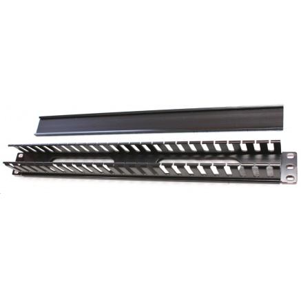 19" vyvazovací panel 1U, kovový s plastovým krytem, 40x50mm, průchozí, černý