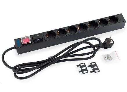 TRITON 19" rozvodný panel 1U; 7 x zásuvka podle DIN, max. 16 A; kabel 3 x 1,5 mm, 2 m + zástrčka univerzál CZ-DE max.16A