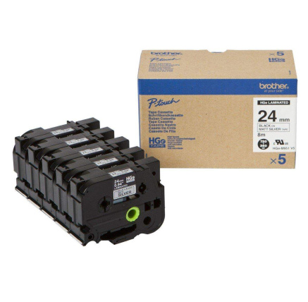 BROTHER HGE-M951V5 Labelling Supplies, 24mm Black/Matt Silver (5 pcs Pack) High Grade Tape BROTHER HGE-M951V5 Labelling Supplies, 24mm Black/Matt Silver (5 pcs Pack) High Grade Tape