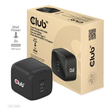 Club3D cestovní nabíječka PPS 45W GAN technologie, Dual port USB Type-C, Power Delivery(PD) 3.0 Support Club3D cestovní nabíječka PPS 45W GAN technologie, Dual port USB Type-C, Power Delivery(PD) 3.0 Support