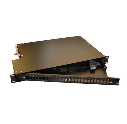 Optická vana výsuvná otočná 1U, 24x SC simplex (24x LC duplex, 24x E2000) s kazetou pro 24 svárů, černá Optická vana výsuvná otočná 1U, 24x SC simplex (24x LC duplex, 24x E2000) s kazetou pro 24 svárů, černá