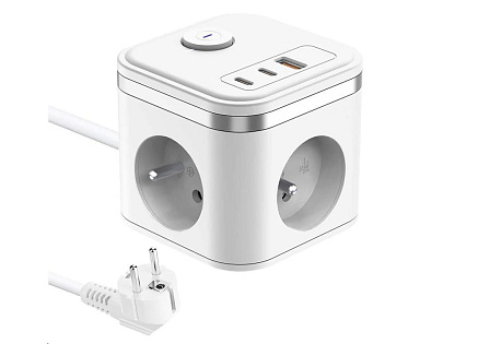 Viking síťový adaptér YC33, 3x 230 V, 1x USB-A, 2x USB-C, tlačítko ON/OFF, délka 1,4 m, bílá Viking síťový adaptér YC33, 3x 230 V, 1x USB-A, 2x USB-C, tlačítko ON/OFF, délka 1,4 m, bílá