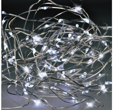 Solight vánoční řetěz stříbrný, 100x mini LED, 10m, 3 x AA, studené světlo