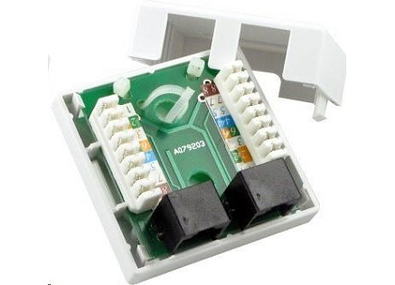 Zásuvka UTP 2x RJ45 Cat5E, duální svorkovnice, na omítku Zásuvka UTP 2x RJ45 Cat5E, duální svorkovnice, na omítku