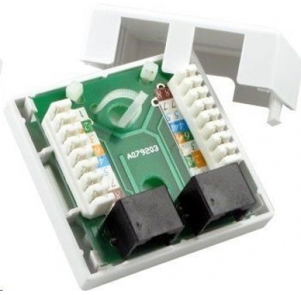 Zásuvka UTP 2x RJ45 Cat5E, duální svorkovnice, na omítku Zásuvka UTP 2x RJ45 Cat5E, duální svorkovnice, na omítku