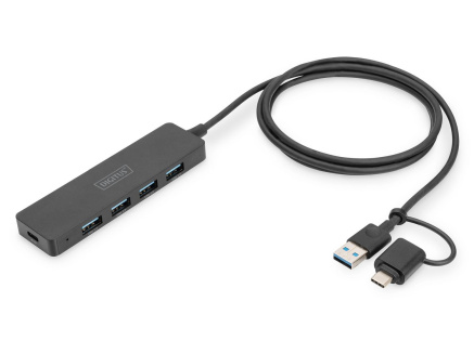 DIGITUS USB 3.0, Hub 4-Port, Slim Line with 120cm cable with USB-C adapterr