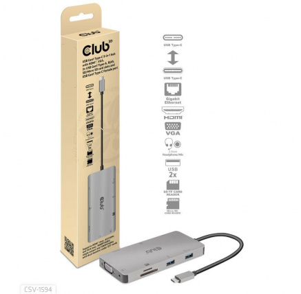 Club3D hub USB-C, 9-in-1 hub s HDMI, VGA, 2x USB Gen1 Type-A, RJ45, 100W PD