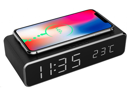 GEMBIRD digitální budík s funkcí bezdrátového nabíjení, black/černá