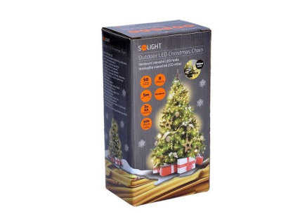Solight LED venkovní vánoční řetěz, 50LED, 5m, 3m přívod, 8 funkcí, IP44, 3x AA, teplá bílá