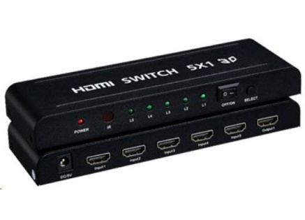 PREMIUMCORD HDMI switch 5:1 kovový s dálkovým ovladačem a napájecím adaptérem