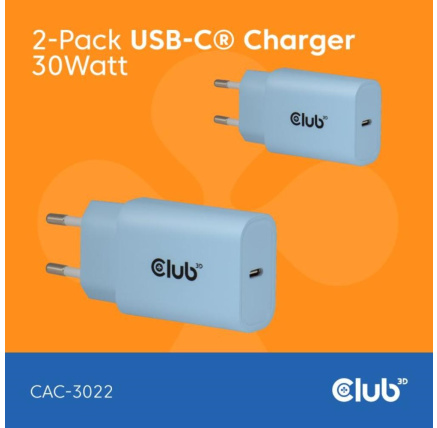 Club3D Nabíječka, USB-C, Power Delivery 15V/2A, 2-pack, modrá Club3D Nabíječka, USB-C, Power Delivery 15V/2A, 2-pack, modrá