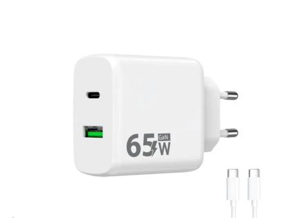 WG - Síťová nabíječka GaN 2x USB 65W, 1x USB-C PD 65W + 1x USB-A QC 3.0 18W, kabel Type-C na Type-C, bílá