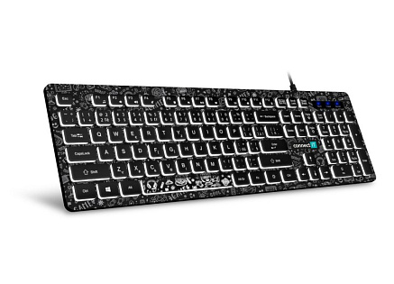 CONNECT IT DOODLE kancelářská drátová bíle podsvícená USB klávesnice, CZ + SK verze, ČERNÁ