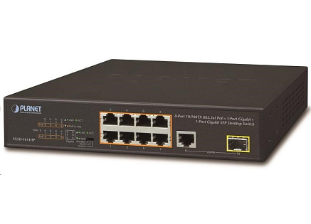 Planet FGSD-1011HP Switch, 8x 10/100 PoE, 1x TP + 1x SFP 1000Base-X, extend mód 10Mb, ESD, 802.3at 120W, fanless
