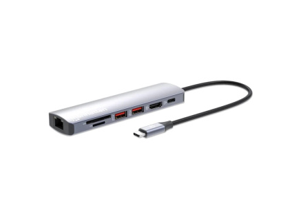 MANHATTAN Dokovací stanice USB-C 7v1, 1xHDMI, 1xUSB-C, 2xUSB, 1xRJ45, čtečka SD karet, šedá