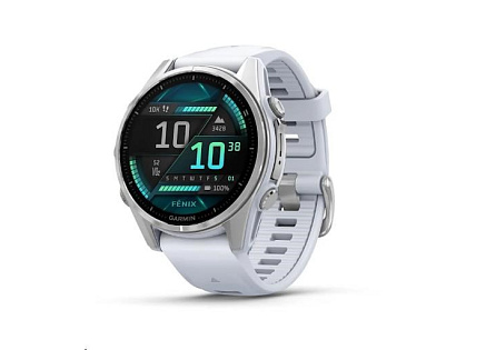Garmin fenix® 8 – 43 mm, AMOLED, Silver / Whitestone se silikonovým řemínkem.