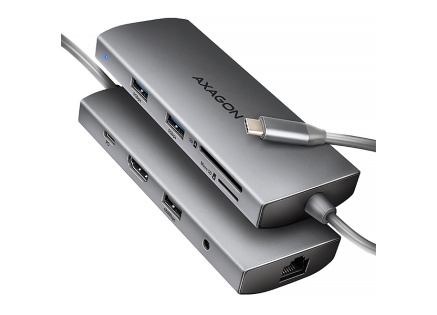 AXAGON HMC-8HLSA, USB 5Gbps hub, 3x USB-A, HDMI 4k/60Hz, RJ-45 GLAN, SD/microSD, audio, PD 100W, kabel USB-C 20cm