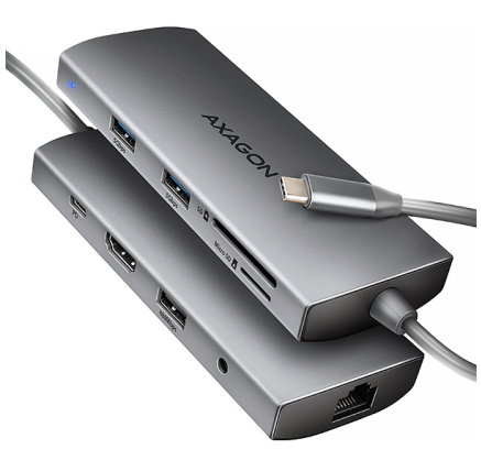 AXAGON HMC-8HLSA, USB 5Gbps hub, 3x USB-A, HDMI 4k/60Hz, RJ-45 GLAN, SD/microSD, audio, PD 100W, kabel USB-C 20cm