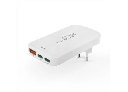 Hama rýchla USB nabíjačka GaN 2x USB-C + USB-A, PD/QC 65 W, plochá, skladacia