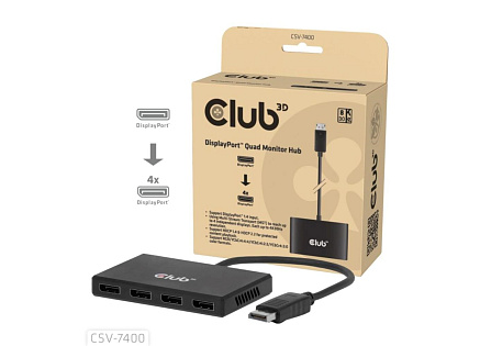 Club3D hub MST (Multi Stream Transport) DisplayPort 1.4 na 4x DisplayPort, Quad monitor, 4x 4K30Hz, 8K30Hz