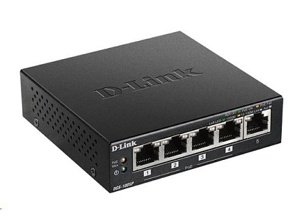 D-Link DGS-1005P 5-port Gigabit Desktop PoE+ Switch, 4 porty jsou PoE+, PoE budget 60W