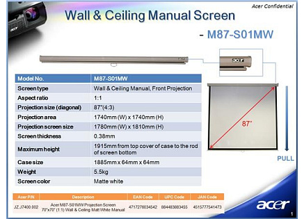 ACER Projekční plátno M90-W01MG Projection Screen, 1960x1100, 90'' (16:9) Wall & Ceiling Gray Manual