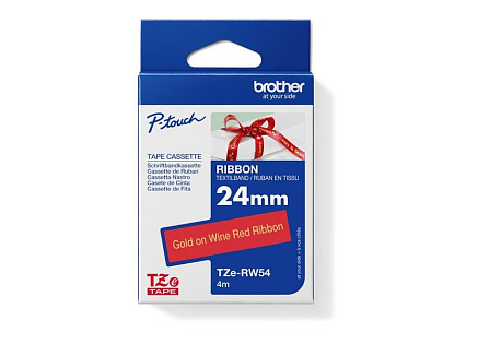 BROTHER TZE-RW54 - kazeta TZ šířky 24mm, TEXTILNÍ páska 4m- pro tvorbu dárků - NELEPÍCÍ -ČERVENÁ PÁSKA ZLATÝ POTISK gold
