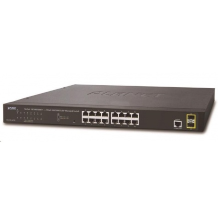Planet GS-4210-16T2 Switch, L2/L4, 16x 1000Base-T, 2x SFP, Web/SNMPv3, VLAN, QoS, IPv6, fanless