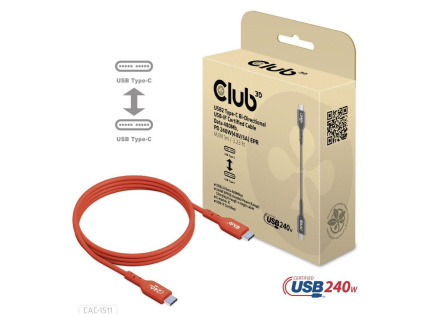 Club3D kabel USB-C, Oboustranný USB-IF Certifikovaný data kabel, PD 240W(48V/5A) EPR M/M 1m