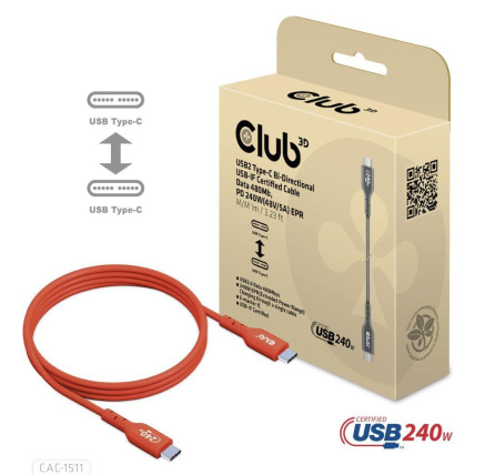 Club3D kabel USB-C, Oboustranný USB-IF Certifikovaný data kabel, PD 240W(48V/5A) EPR M/M 1m