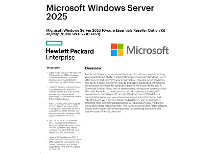 HPE Windows Server 2025 10-core Essentials Reseller Option Kit CZ (25/50user/dev en/ru/po) OEM HPE Windows Server 2025 10-core Essentials Reseller Option Kit CZ (25/50user/dev en/ru/po) OEM