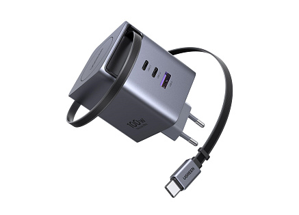 UGREEN síťová rychlonabíječka se zatahovacím kabelem 100W 3-Port, 2x USB-C, 1x USB-A, GaN, stříbrná
