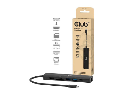 Club3D Dokovací stanice USB-C 7v1, 1xHDMI, 1xUSB-C PD, 2xUSB, 1xRJ45, microSD/SD, černá