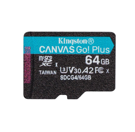 Kingston MicroSDXC karta 64GB Canvas Go! Plus, R:200/W:160MB/s, Class 10, UHS-I, U3, V30, A2 + Adaptér