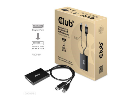 Club3D Adaptér aktivní DisplayPort na Dual Link DVI-D, USB napájení, 60cm, HDCP ON
