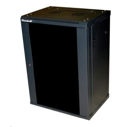 XtendLan 19" nástěnný rozvaděč 12U 600x450, nosnost 60 kg, skleněné kouřové dveře, rozložený, černý