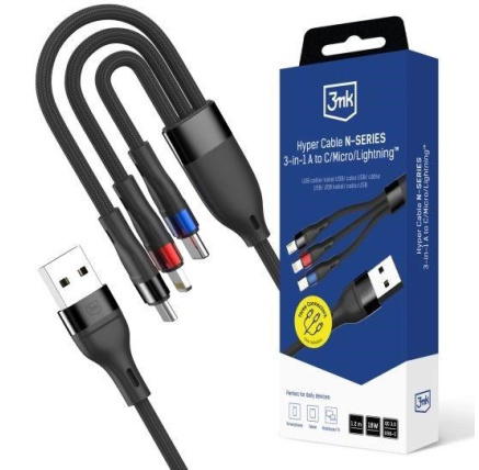 3mk kabel Hyper Cable N-SERIES A to C/Lightning/Micro 1.2m 9V/2A 18W QC3.0 Black 3mk kabel Hyper Cable N-SERIES A to C/Lightning/Micro 1.2m 9V/2A 18W QC3.0 Black