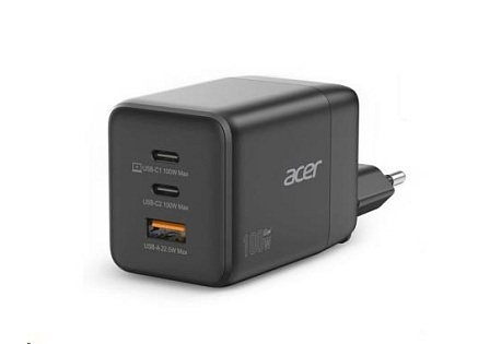 ACER Adaptér 100W GaN charger, 3porty: 2x USB-C + 1x USB-A ports, EU a UK zástrčka, textilní obal, black
