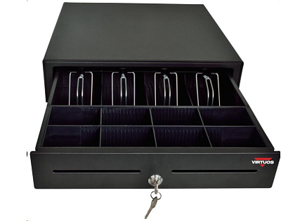 Virtuos pokladní zásuvka S-410C - s kabelem, pořadač 4/8, 9-24V, černá Virtuos pokladní zásuvka S-410C - s kabelem, pořadač 4/8, 9-24V, černá