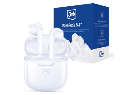 3mk bezdrátová stereo sluchátka MovePods 5.4, stereo, nabíjecí pouzdro, bílá